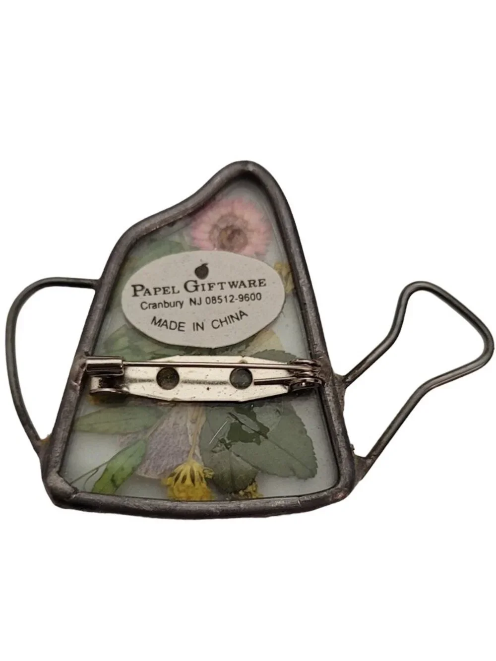 Silver Tone Dried Pansy Flower Weathered Glass Water Can Brooch E446